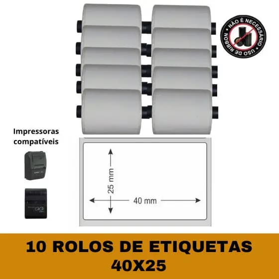 Etiqueta Térmica 40x25 para Mini Impressora - Kit com 10 Rolos