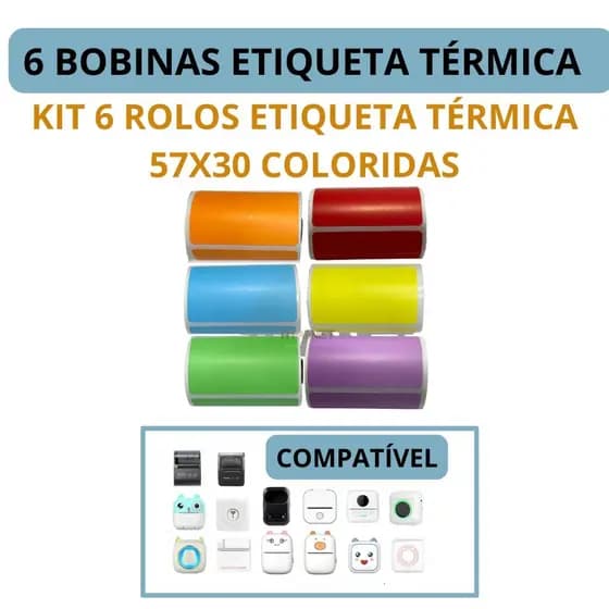 Etiqueta Adesiva Coloridas P/ Mini Impressora Gato - 6 Rolos