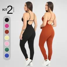 Kit 2 Macaquinho Macacão Longo Canelado Alcinha Roupa Feminina Academia Esportivo Fitness