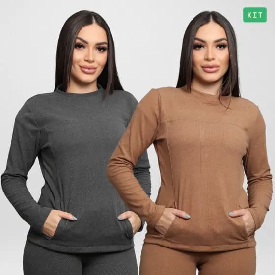 Kit 2 Blusas de Frio Feminina Térmica Flannel Luxo Roupa de Inverno Casual Quentinha Malha Importada