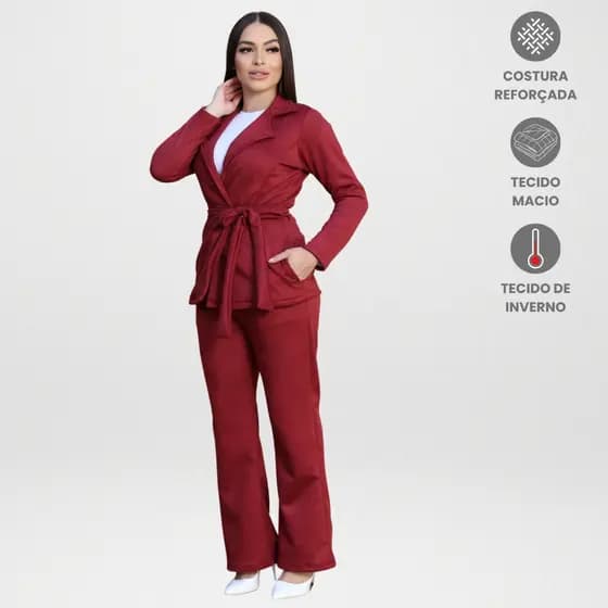 Conjunto Blazer com Cinto E Calça Wide Leg Com Bolsos Alfaiataria Suede Roupa Social Feminina