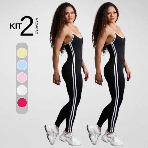 Kit 2 Macacão Longo Listras Suplex Roupa Fitness Feminino Academia