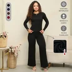 Conjunto Flanelado Feminino Blusa e Calça Wide Ribana Roupa Inverno Peluciado