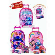 Kit Mochila Escolar com Rodinhas - Diversos Personagens - Menino e Menina reforçado 3 peças