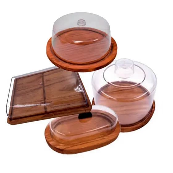OFERTA 8.8 KIT 4pçs Porta Frios Médio (21X16,5CM), Queijeira, Boleira, Manteigueira Madeira RUSTICO Tampa A