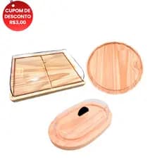 OFERTA 5,5 KIT 3pçs Madeira Natural Porta Frios Médio (21X16,5cm), Manteigueira e Tabua Redonda 25cm