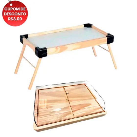 OFERTA 8.8 KIT 2Pçs Mesinha Café Manhã e Porta Frios Médio de madeira Natural Lisa R-100-2, Cozinha