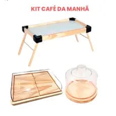 OFERTA 7.7 KIT 3Pçs Mesinha Café Manhã, Queijeira e Porta Frios Médio Madeira Natural, Cozinha
