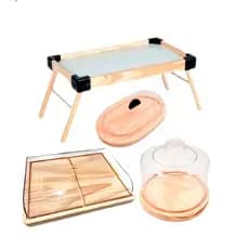 OFERTA 7.7 KIT 4Pçs Café da Manhã, Mesinha, Queijeira, Manteigueira e Porta Frios Médio de Madeira Natural e Tpa Acrí