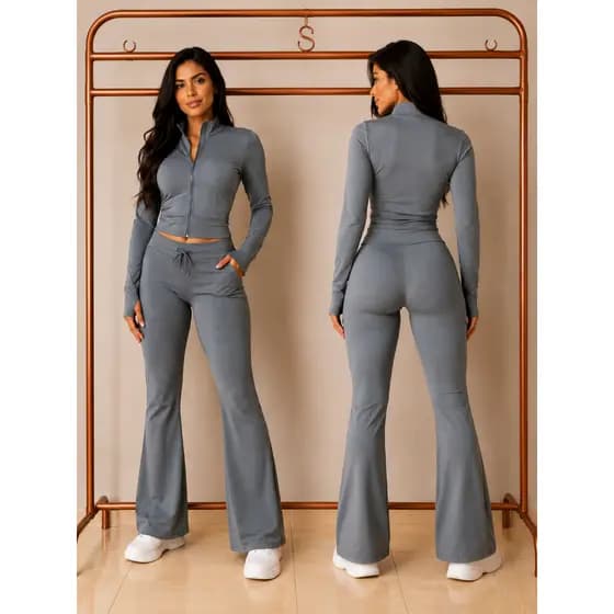 Conjunto Suplex Feminino Cropped e Calça Bailarina Flare Premium Luxo