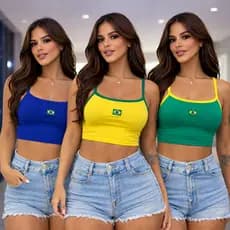 Kit 3 Cropped do Brasil Copa do Mundo 2026 Blusinha Verão Alça Fina