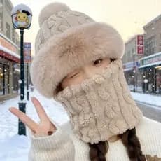 Chapéu de orelhas de urso Kawaii capa de cachecol 3 em 1 gorro de lã de lã de ovelha gorro de malha gorro