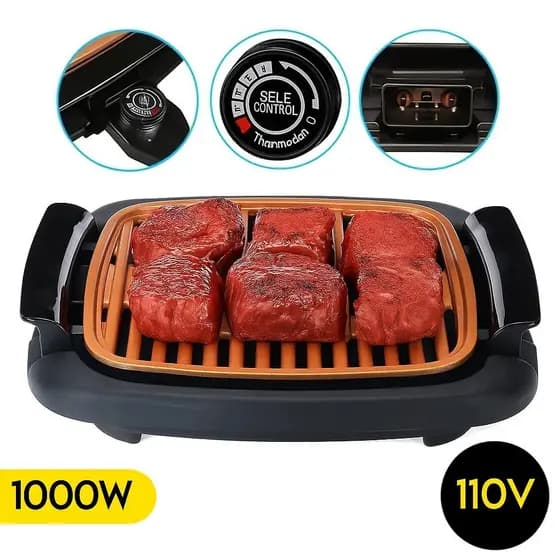 Churrasqueira Elétrica Grill 1000W 110V Grelha Bandeja Desmontável Sem Fumaça