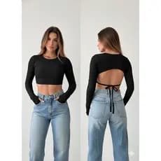 Cropped feminino maga longa costas abertas amarração com dedeira