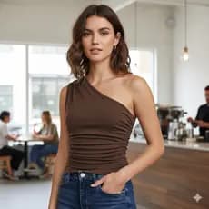 blusa manga única feminina estilosa elegante marrom atemporal 2026 moda