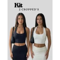 KIT 2  Cropped's feminino tendência top halter academia blusa slim decote frente única costas nua