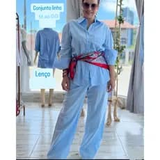 conjunto casual elegante linho camisa com bolso e pantalona cintura elástico todo 922