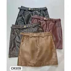 novidade 2026 saia-short couro PU com cinto 09