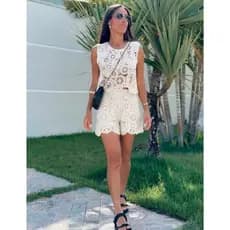 conjunto crochê Cropped e Short CURTA com forrado reposição