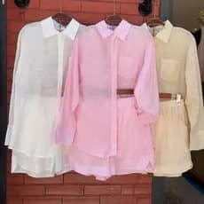 Conjunto em linho importado camisa e short com forrado casaul elegante para seu looks coreção novo em verão