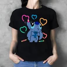 Camiseta Preta Blusinha Básica Stitch Feminina Masculina Adulto Unissex 100% Algodão 30.1