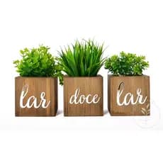 Kit 3 Vasos Decorativos Plantas Artificiais Inclusas Frase Lar doce Lar