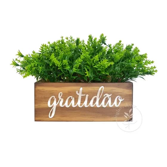 Floreira de Madeira Palavra Gratidão com Plantas Artificiais