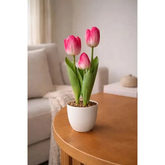 Tulipa Artificial Realista Com Vaso Decorativo De Mesa Arranjo Completo 35 cm