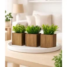Trio de Vasinhos Decorativos de Madeira com Planta Artificial Verde Sortida Inclusa - Arranjo Pronto