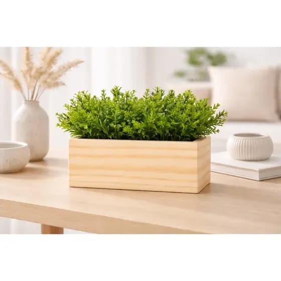 Vaso de Madeira com Plantas Artificiais – Jardineira Decorativa para Mesa e Aparador 20cm