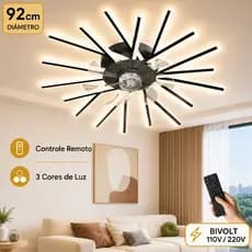 Ventilador de Teto LED 92cm Bivolt Controle Remoto Silencioso 6 Velocidades 3 Cores Para Sala Quarto