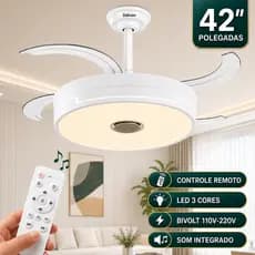 Ventilador De Teto Retrátil 42" Com LED 3 Cores E Música Controle Remoto 4 Pás Silencioso Bivolt