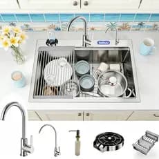 Kit Cuba Pia Cozinha Gourmet Premium Aço Inox C Cascata Lavador Copos / Preto Torneira 60×45 cm