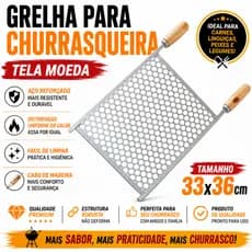 Grelha Churrasqueira Aço Reforçado 33x36cm Tela Moeda Cabo Madeira