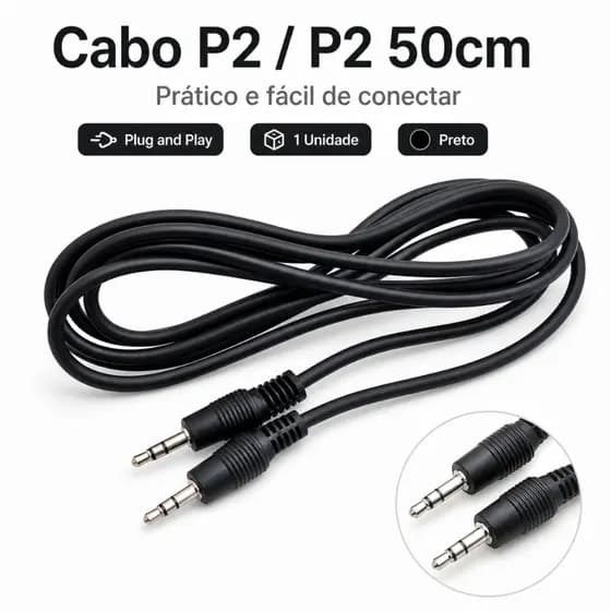 Cabo P2 P2 A2C Store Preto 50cm Plug Play Áudio Auxiliar Para Fone Caixa Som Celular Notebook Stereo