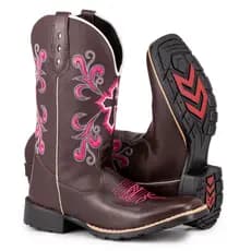 Bota Texana Feminina Country Bico quadrado Bordado Cruzeta