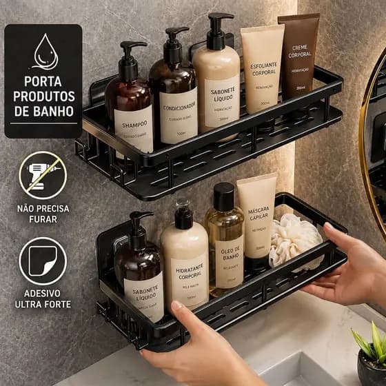 Suporte prateleira Shampoo Sabonete Banheiro Adesivo Parede Box Luxo Cor Preto