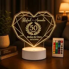 Luminária LED 3D Personalizada Presente Bodas de Ouro Prata