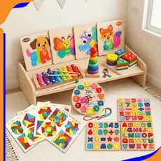 Super Kit Educativo Infantil 15 em 1 Madeira Montessori – Números, Letras, Cores e Coordenação