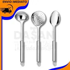 Kit 3 Utensílios De Cozinha Inox Premium Completo, Colher, Concha, Escumadeira