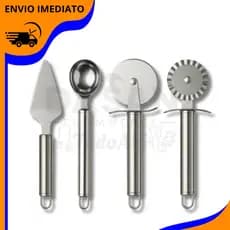 Kit de 4 peças em aço inoxidável - cortador de pizza, rolo para massa, colher para sorvete e espátula para bolo
