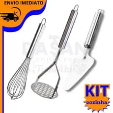 Cozinha 3 Peças Inox Premium – Batedor Fue + Amassador de Batata + Espátula para Bolo