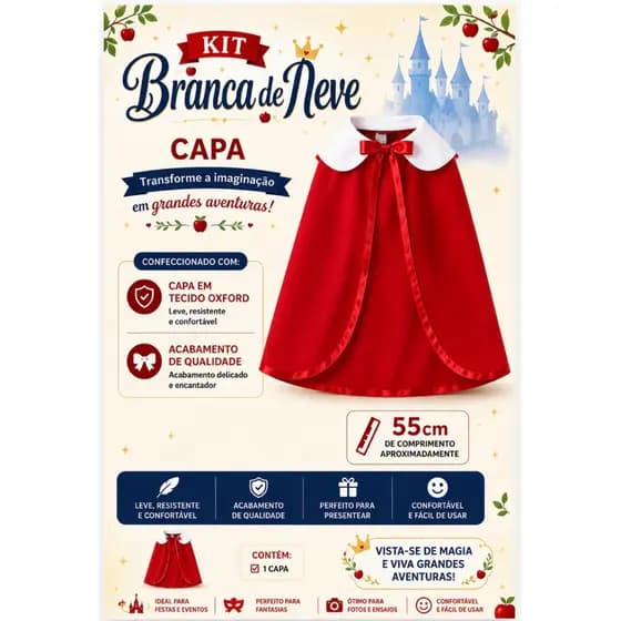 Capa infantil Branca de Neve - Fantasia Branca de Neve - somente a capa - sem a tiara