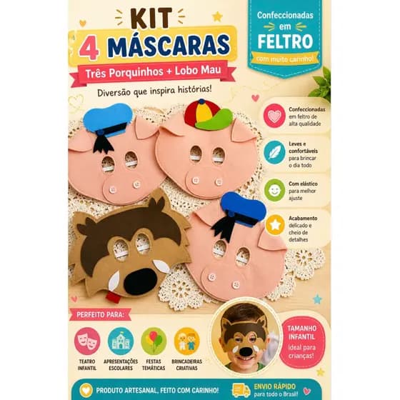kit máscaras Três Porquinhos e lobo mau - infantil e adulto - 4 máscaras
