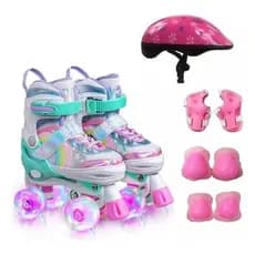 Patins lançamento Arco Iris Rosa 4 Rodas com Kit Proteção e Luz de Led