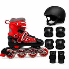 Patins Roller Infantil 4 Rodas Inline Preto/Vermelho Com Led + Kit