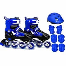 Patins Roller Infantil 4 Rodas Inline Preto/AzulCom Led + Kit