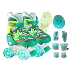 Patins Dinossauro Verde 4 Rodas Com Rodas Led + Kit Proteção