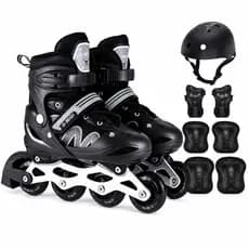 Patins Roller Infantil 4 Rodas Inline Preto/Cinza Com Led + kit Proteção