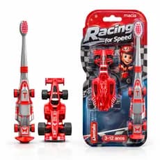 Escova Dental Infantil Menino com Brinquedo Carrinho Fórmula 1, Cerdas Ultra Macias, Cabeça Pequena, Cabo Ergonômico